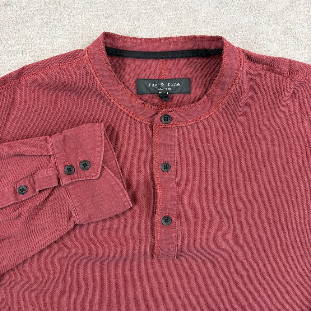 rag & bone Henley Waffle Knit Thermal Shirt in Burgundy Men XL Band Collar